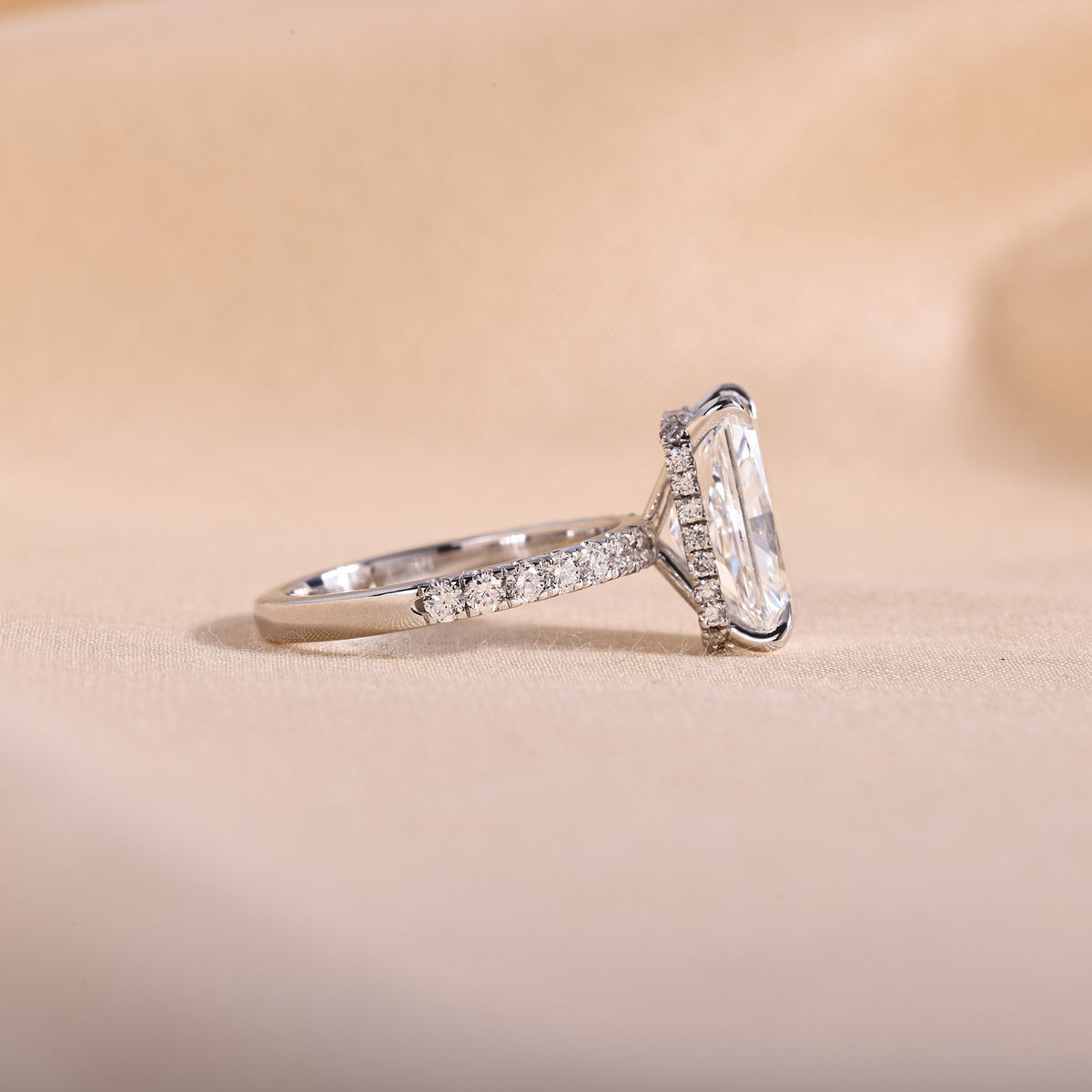 Radiant Cut Lab Grown Diamond Hidden Halo Engagement Ring – 14K White Gold Pavé Band, 3 Carat