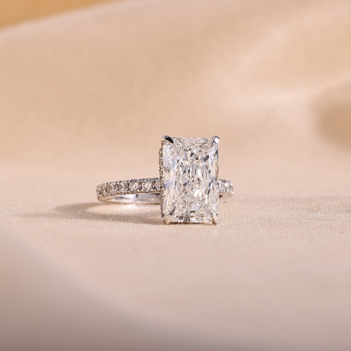 Radiant Cut Lab Grown Diamond Hidden Halo Engagement Ring – 14K White Gold Pavé Band, 3 Carat