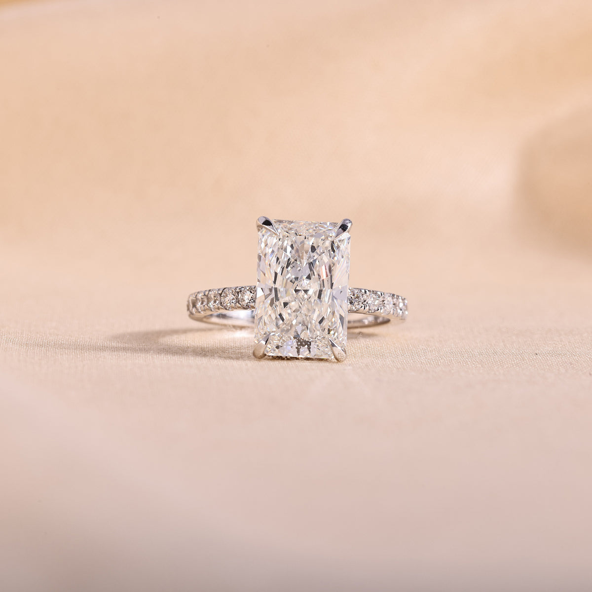 Radiant Cut Lab Grown Diamond Hidden Halo Engagement Ring – 14K White Gold Pavé Band, 3 Carat