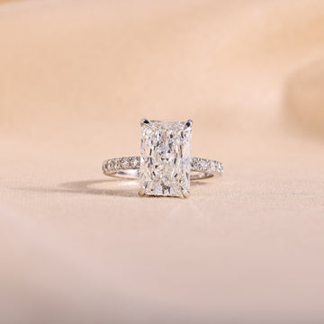 Radiant Cut Lab Grown Diamond Hidden Halo Engagement Ring – 14K White Gold Pavé Band, 3 Carat
