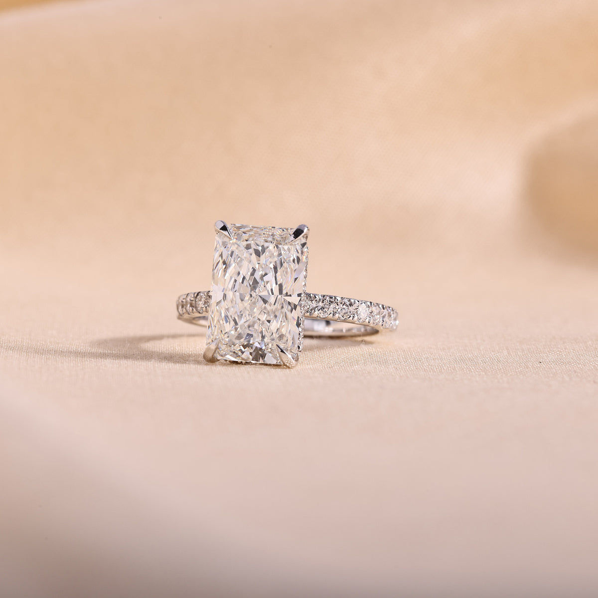 Radiant Cut Lab Grown Diamond Hidden Halo Engagement Ring – 14K White Gold Pavé Band, 3 Carat