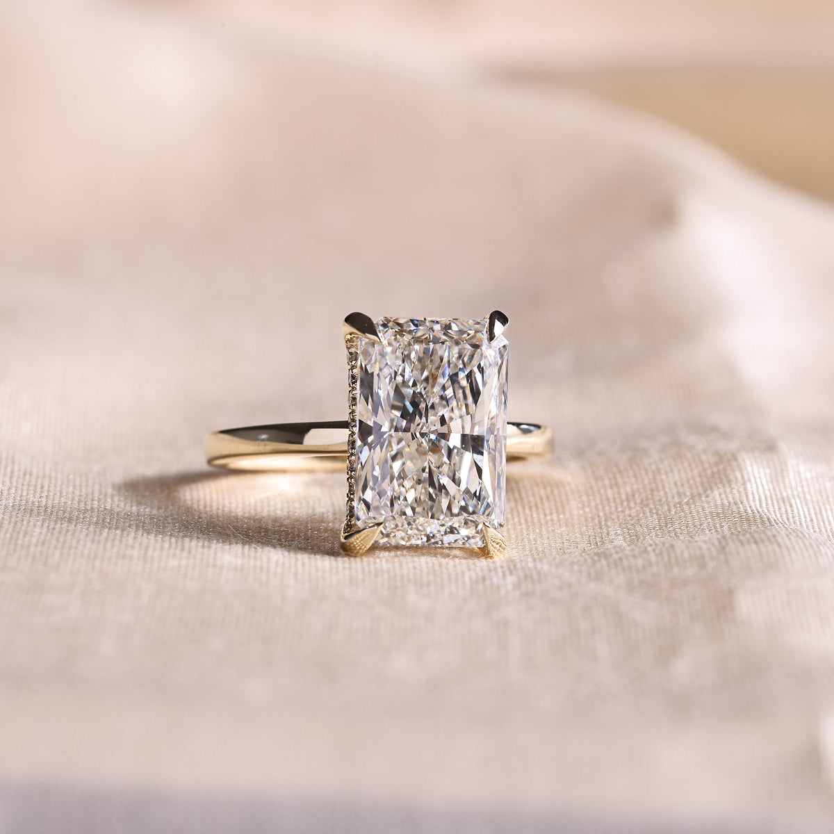 Radiant Cut Lab Grown Diamond Solitaire Engagement Ring with Hidden Halo – 14K Yellow Gold