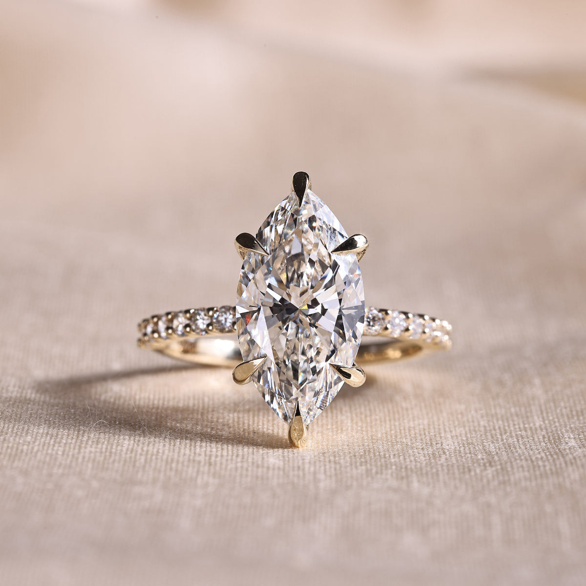 Marquise Cut Lab Grown Diamond Engagement Ring with Half Eternity Pave Band – 14K Yellow Gold, 5.10 Carat
