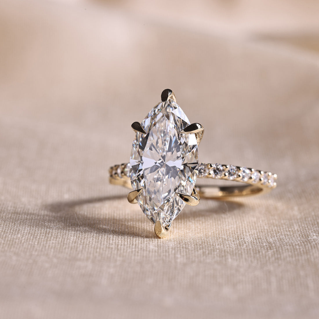 Marquise Cut Lab Grown Diamond Engagement Ring with Half Eternity Pave Band – 14K Yellow Gold, 5.10 Carat