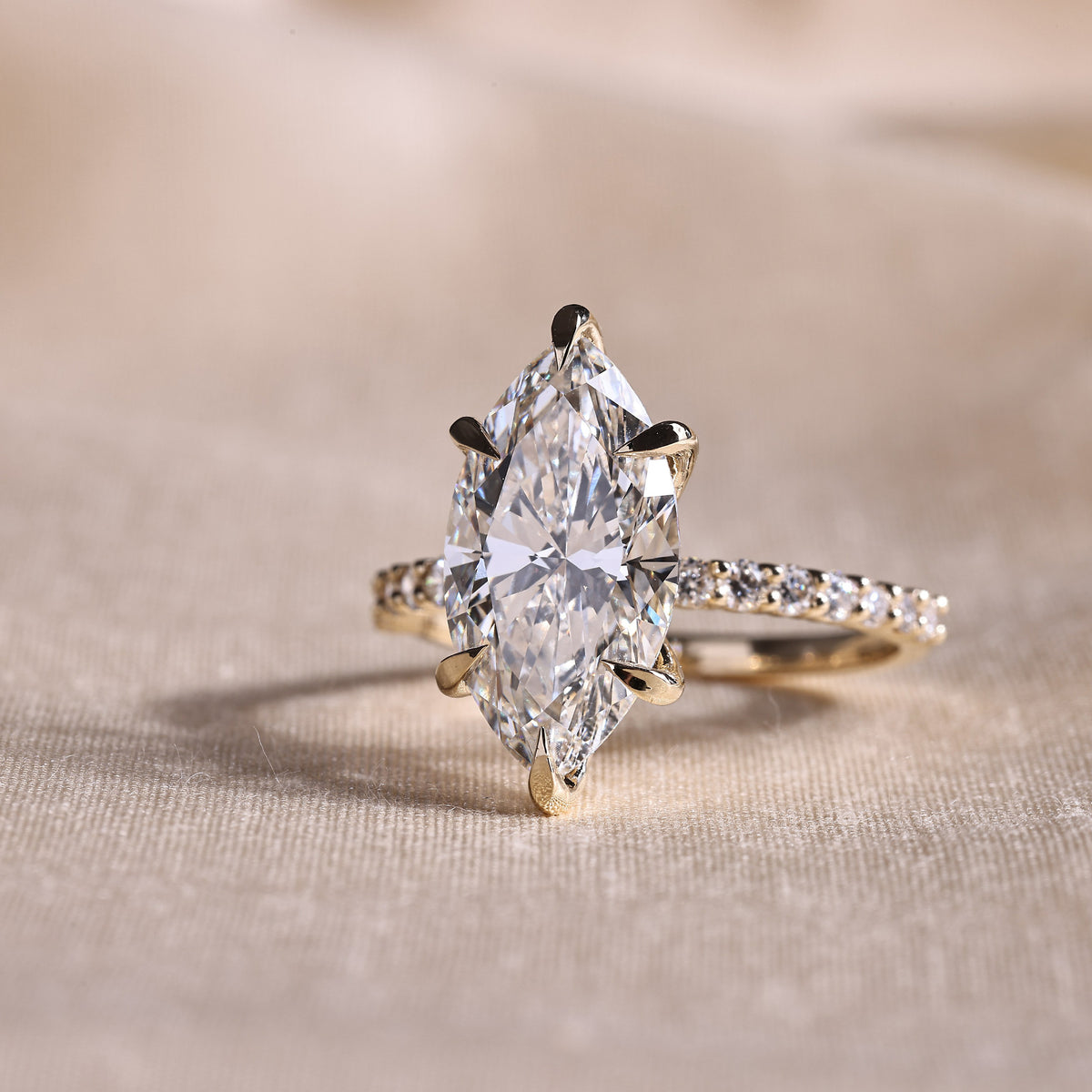 Marquise Cut Lab Grown Diamond Engagement Ring with Half Eternity Pave Band – 14K Yellow Gold, 5.10 Carat
