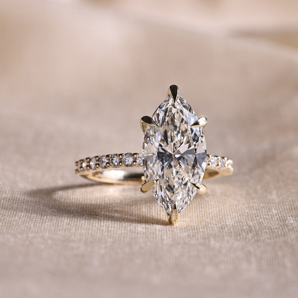 Marquise Cut Lab Grown Diamond Engagement Ring with Half Eternity Pave Band – 14K Yellow Gold, 5.10 Carat