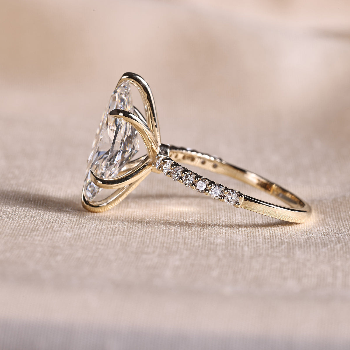 Marquise Cut Lab Grown Diamond Engagement Ring with Half Eternity Pave Band – 14K Yellow Gold, 5.10 Carat