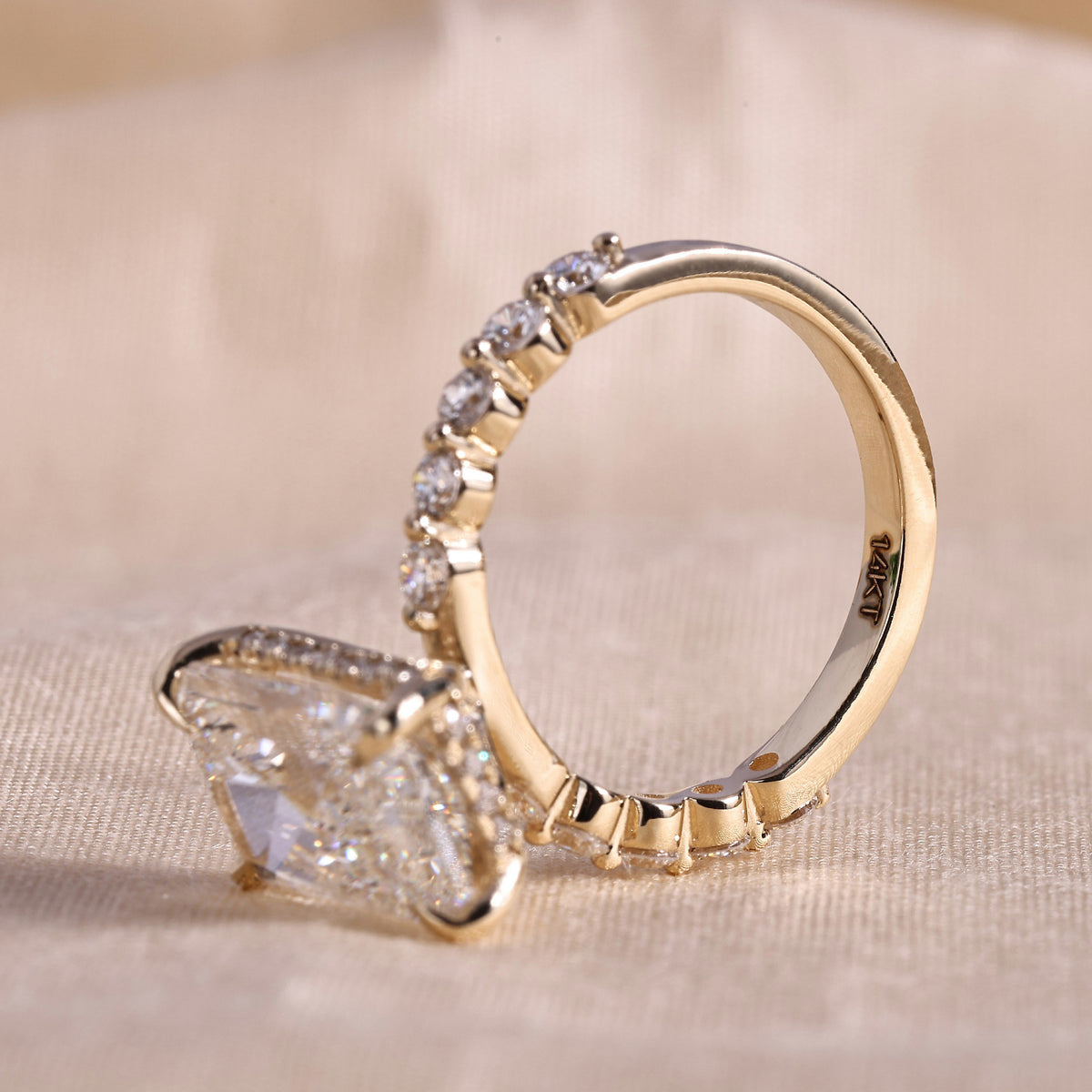 Radiant Cut Lab Grown Diamond Engagement Ring with Hidden Halo & Shared Prong Band – 14K Yellow Gold, 3.0 Carat