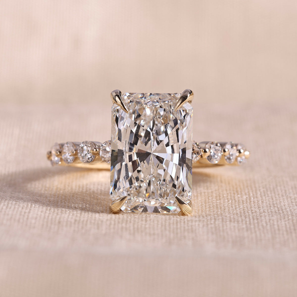 Radiant Cut Lab Grown Diamond Engagement Ring with Hidden Halo & Shared Prong Band – 14K Yellow Gold, 3.0 Carat