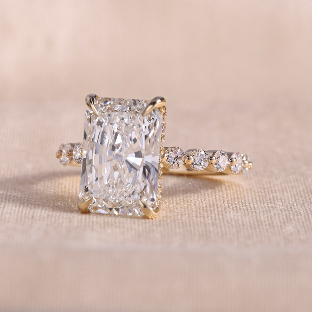 Radiant Cut Lab Grown Diamond Engagement Ring with Hidden Halo & Shared Prong Band – 14K Yellow Gold, 3.0 Carat