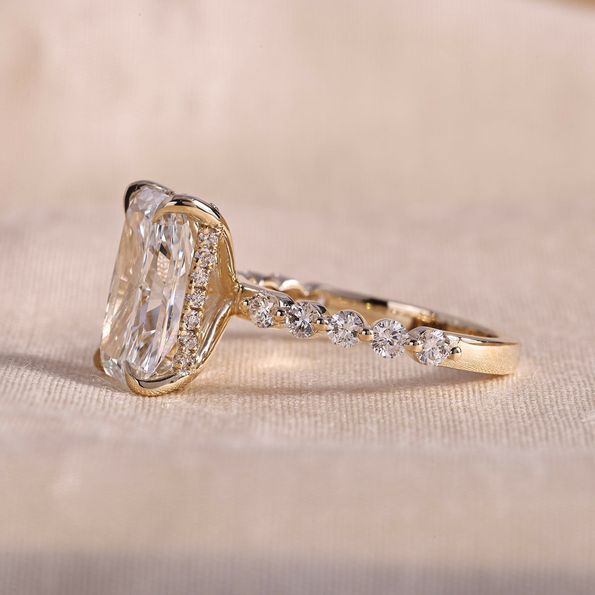 Radiant Cut Lab Grown Diamond Engagement Ring with Hidden Halo & Shared Prong Band – 14K Yellow Gold, 3.0 Carat
