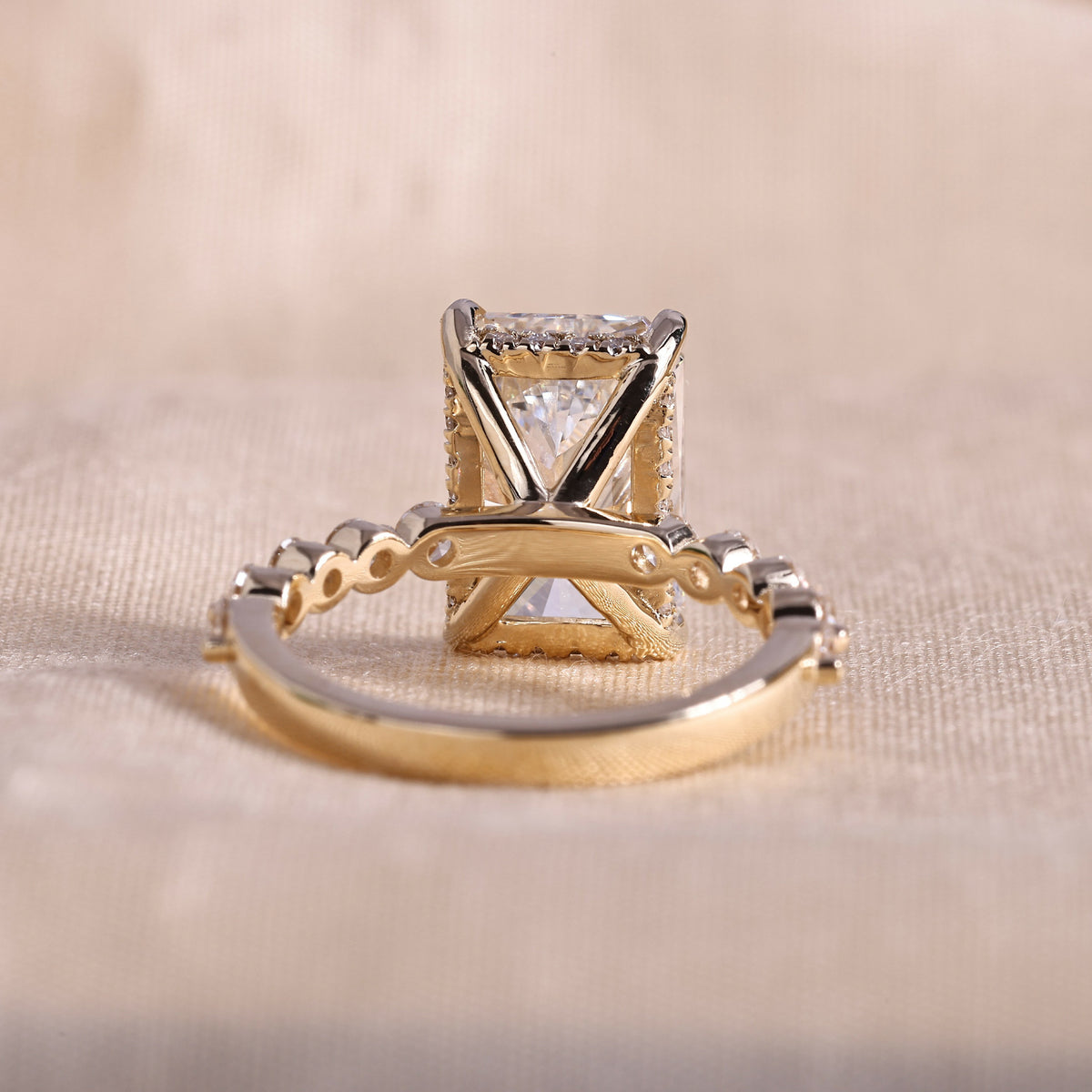 Radiant Cut Lab Grown Diamond Engagement Ring with Hidden Halo & Shared Prong Band – 14K Yellow Gold, 3.0 Carat