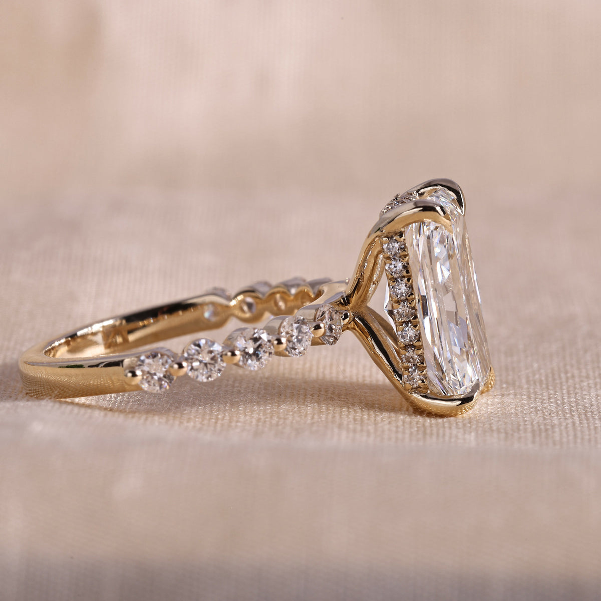 Radiant Cut Lab Grown Diamond Engagement Ring with Hidden Halo & Shared Prong Band – 14K Yellow Gold, 3.0 Carat