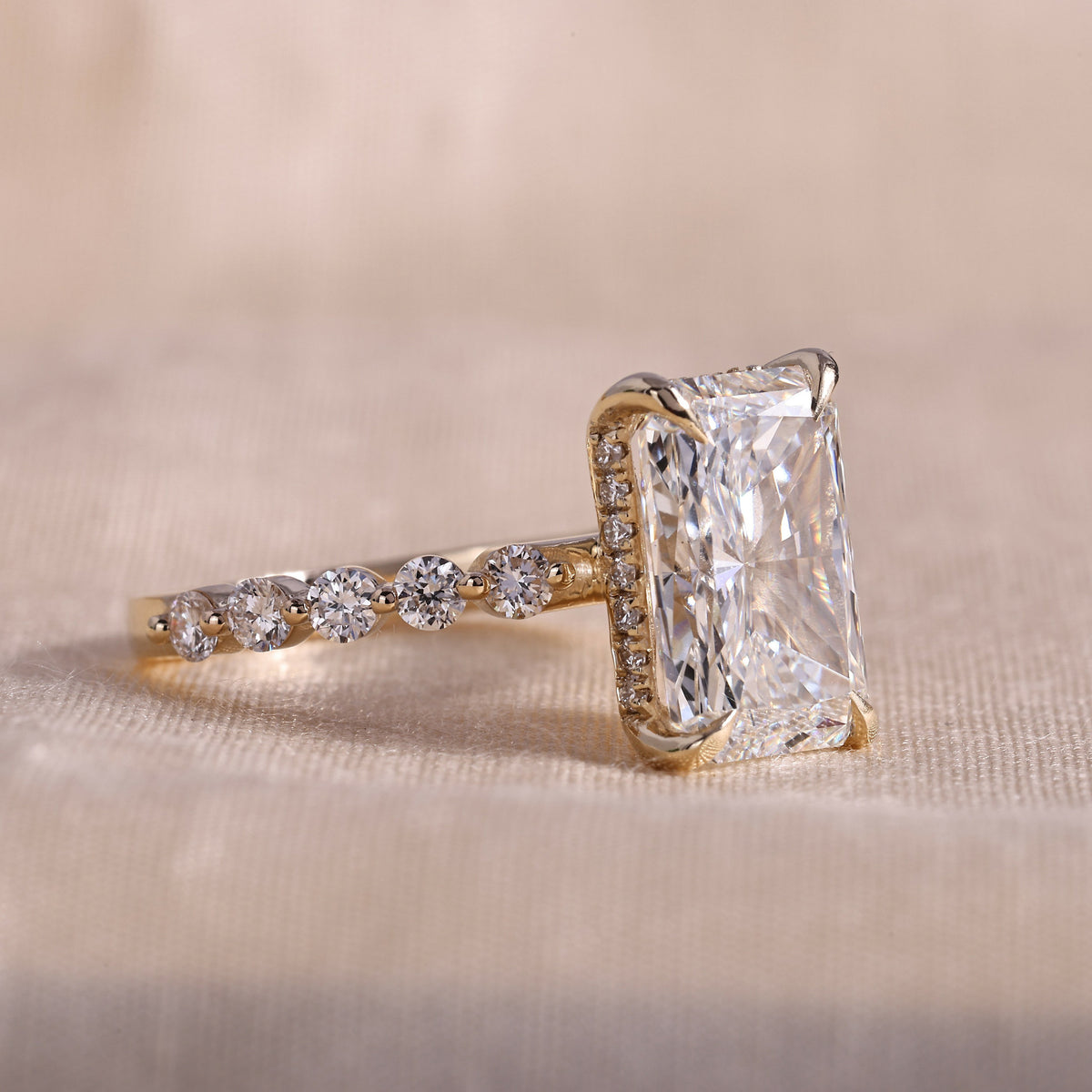 Radiant Cut Lab Grown Diamond Engagement Ring with Hidden Halo & Shared Prong Band – 14K Yellow Gold, 3.0 Carat