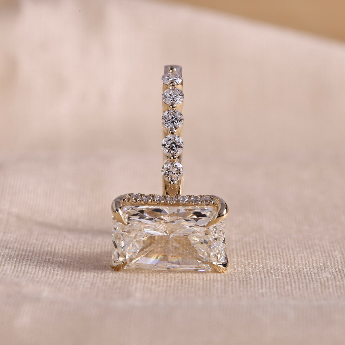 Radiant Cut Lab Grown Diamond Engagement Ring with Hidden Halo & Shared Prong Band – 14K Yellow Gold, 3.0 Carat