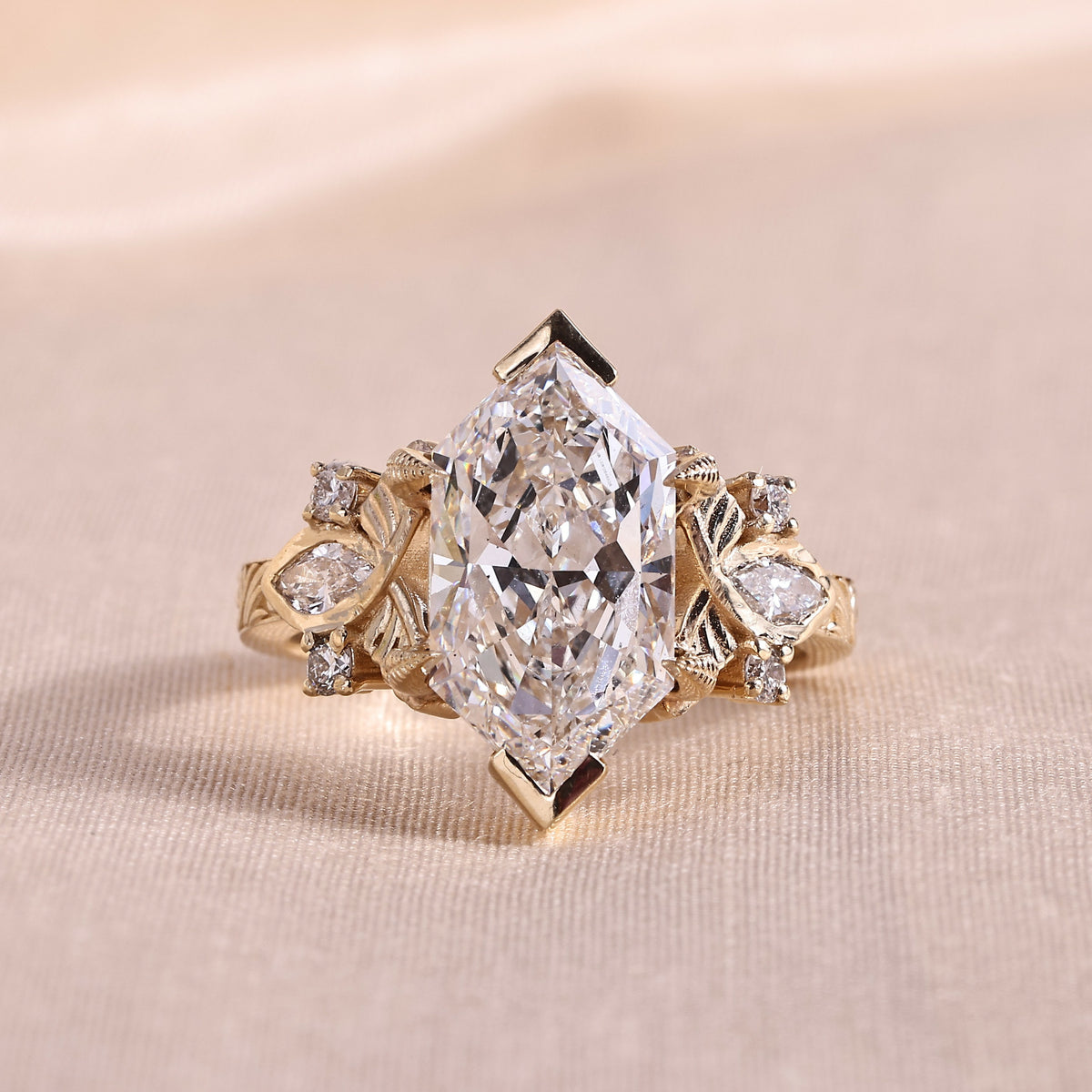 Dutch Marquise Lab Grown Diamond Engagement Ring – Vintage Nature Inspired 14K Yellow Gold with Leaf Accents & Hand Engraved Band