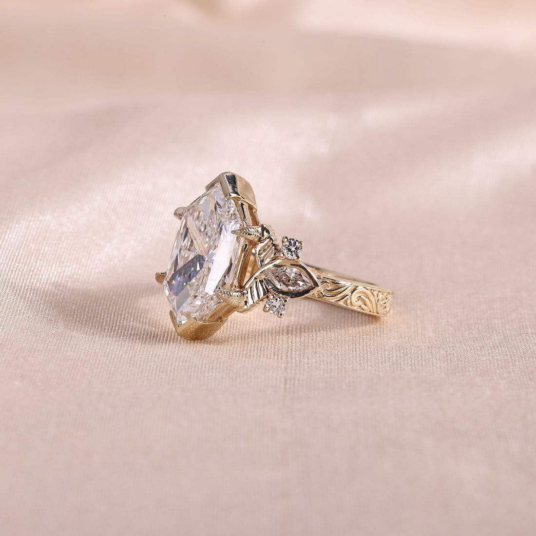 Dutch Marquise Lab Grown Diamond Engagement Ring – Vintage Nature Inspired 14K Yellow Gold with Leaf Accents & Hand Engraved Band