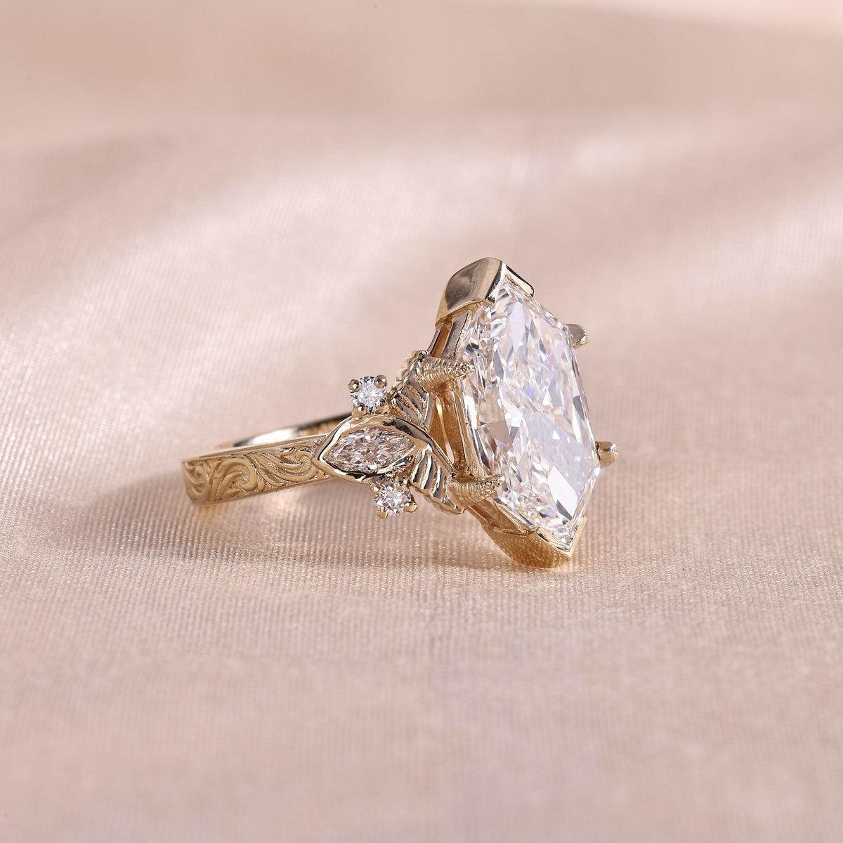 Dutch Marquise Lab Grown Diamond Engagement Ring – Vintage Nature Inspired 14K Yellow Gold with Leaf Accents & Hand Engraved Band