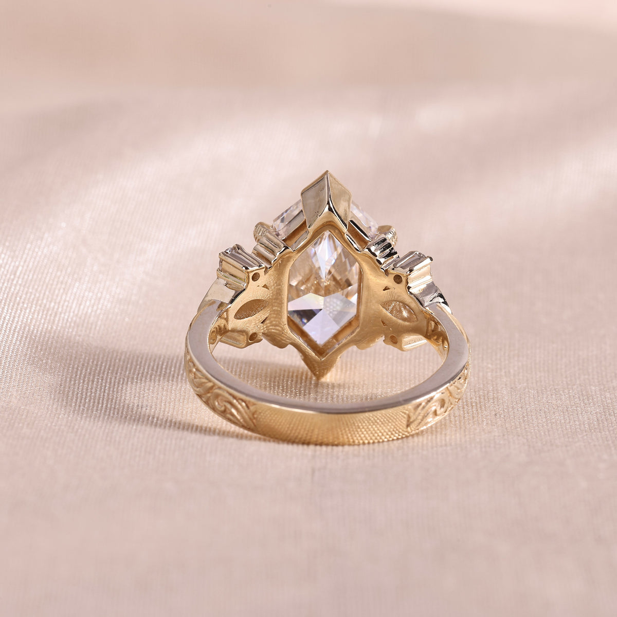 Dutch Marquise Lab Grown Diamond Engagement Ring – Vintage Nature Inspired 14K Yellow Gold with Leaf Accents & Hand Engraved Band