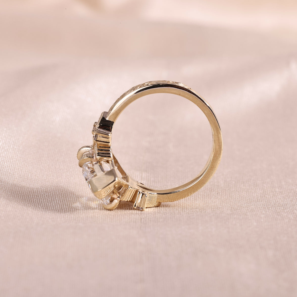 Dutch Marquise Lab Grown Diamond Engagement Ring – Vintage Nature Inspired 14K Yellow Gold with Leaf Accents & Hand Engraved Band