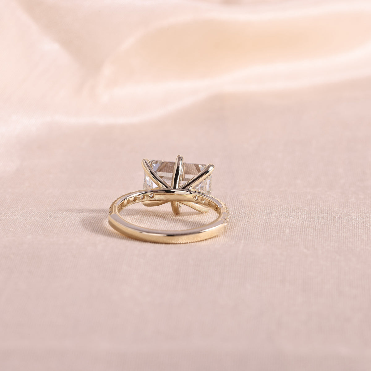 East West Emerald Cut Lab Grown Diamond Engagement Ring – 6 Prong Sideways Set Solitaire with Pavé Band, 14K Yellow Gold