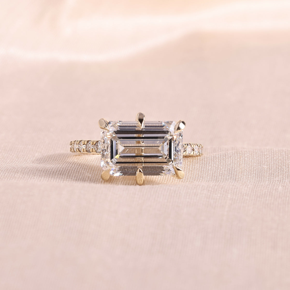 East West Emerald Cut Lab Grown Diamond Engagement Ring – 6 Prong Sideways Set Solitaire with Pavé Band, 14K Yellow Gold