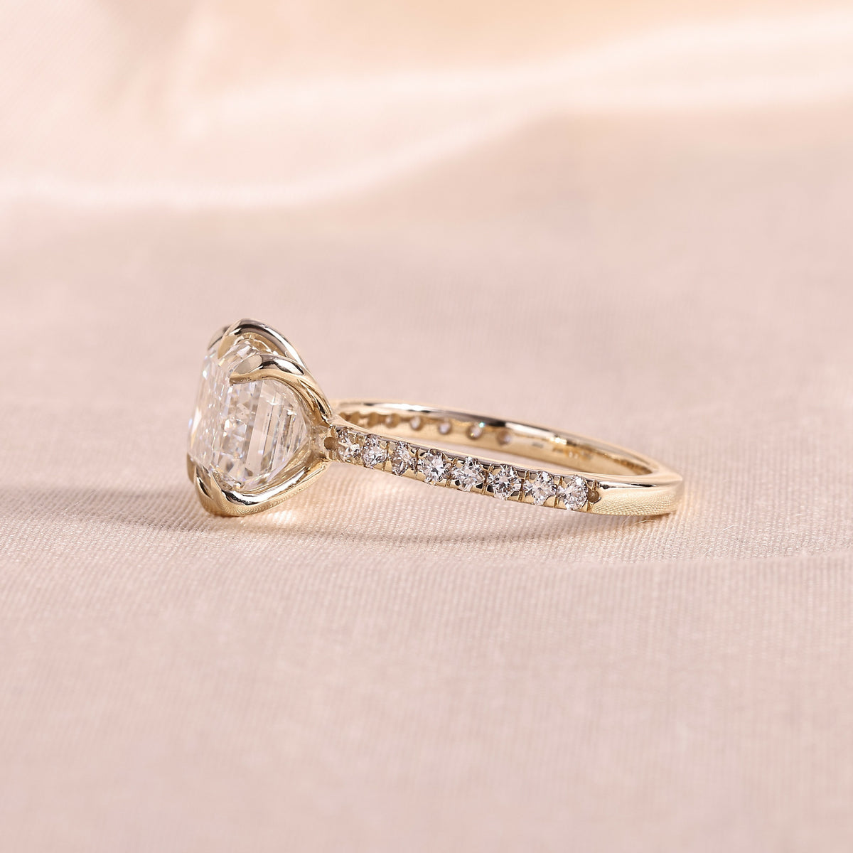 East West Emerald Cut Lab Grown Diamond Engagement Ring – 6 Prong Sideways Set Solitaire with Pavé Band, 14K Yellow Gold