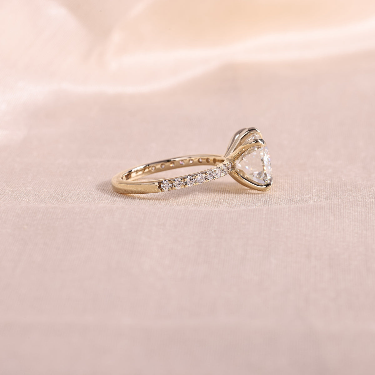 East West Emerald Cut Lab Grown Diamond Engagement Ring – 6 Prong Sideways Set Solitaire with Pavé Band, 14K Yellow Gold