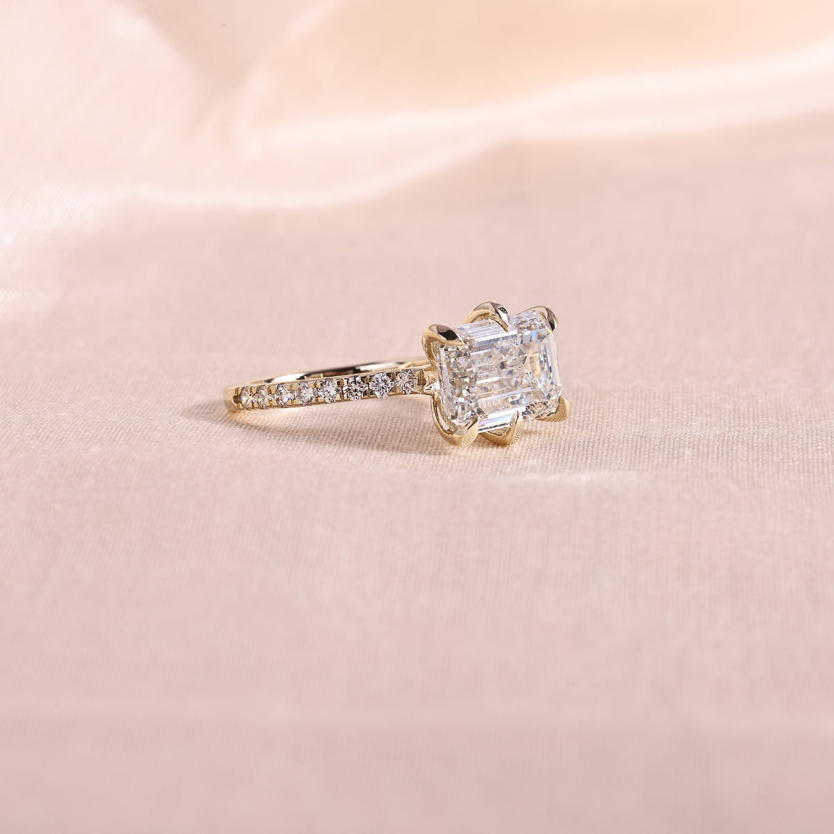 East West Emerald Cut Lab Grown Diamond Engagement Ring – 6 Prong Sideways Set Solitaire with Pavé Band, 14K Yellow Gold